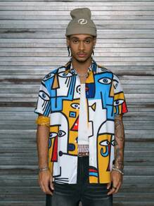 AXEPEAK Camicia a maniche corte da uomo con stampa di motivi geometrici e occhi, camicia casual urbana con bottoni e grafica