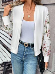 SHEIN Frenchy 1 Áo khoác bomber tay dài in hoa có khóa kéo phía trước dành cho nữ vào mùa thu/đông - trắng - Xem 3