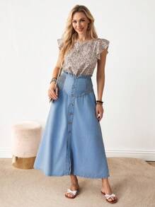 EMERY ROSE Women's Casual Paper Bag Waist Single Breasted Open Front Denim A-Line Skirt - Blue - View 4