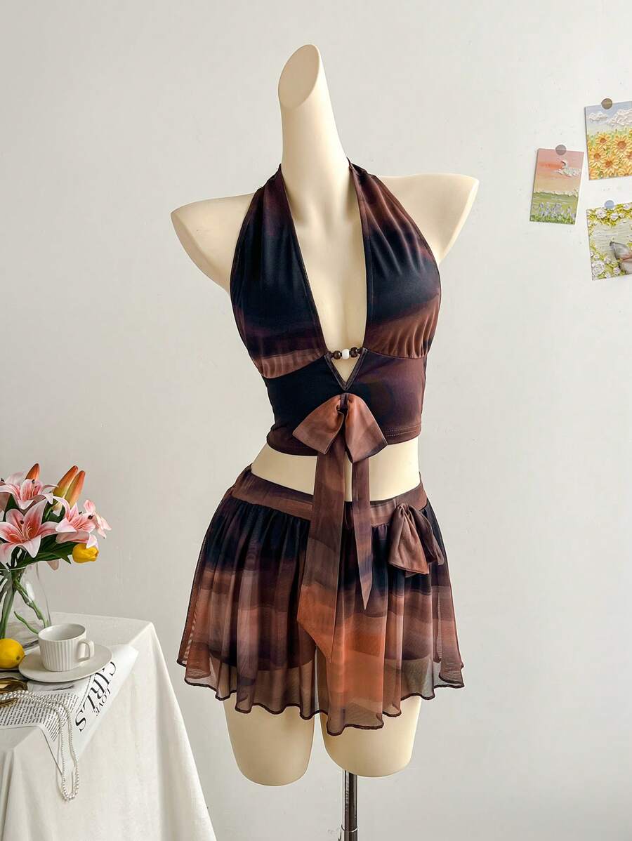 Soleia Conjunto de top con tirantes y mini falda con volantes para mujer, estampado de teñido anudado abstracto en estilo vintage, adecuado para fiesta, cita, crucero, playa, festival de música