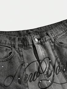 ROMWE MEN Street Life 男式字母图案磨边宽松牛仔短裤 - 黑色 - 查看 3