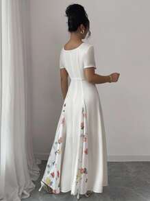 Elenzga 女士优雅印花拼布腰线 A 字短袖夏季连衣裙，适合度假和通勤 - 彩色 - 查看 2