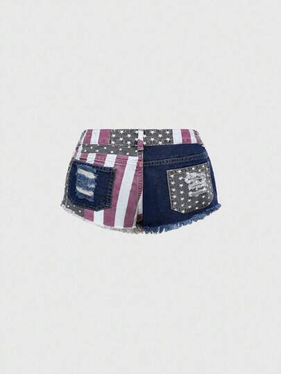 Grunge Punk Y2K Style American Flag Print Denim Mini Shorts For Women