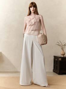 Arave Women's Oganza Sleeveless Commuter Casual Vacation Asymmetric Hem Short 3d Floral Design Crop Top ,Babydoll Top,Back To School Clothes,Vacation Outfits Women,Birthday Outfits For Women