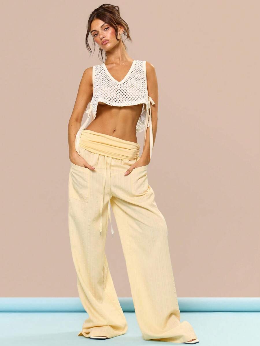 MUSERA 褶皱翻折腰袋细节阔腿裤沙滩罩衫夏季度假节日可爱休闲优雅托斯卡纳阳光泳装复活节 - 黃色 - 查看 1