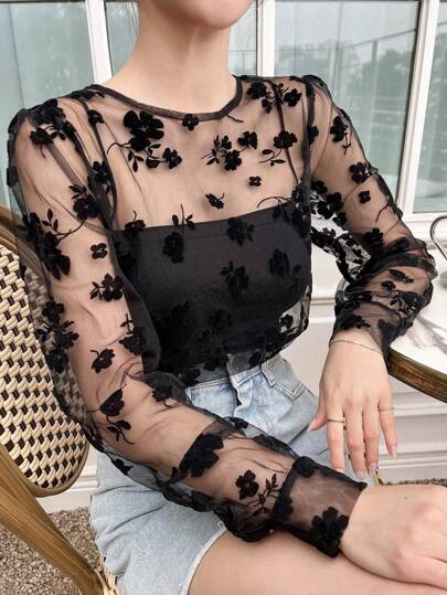 DAZY Floral Embroidery Mesh Top Without Cami Top Going Out Tops Sheer Long Sleeve Women Tops