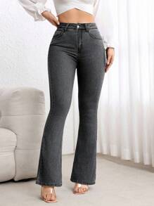 Flexra 女式喇叭休闲牛仔裤，带口袋，百搭 - 淺灰色 - 查看 4