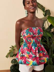 Travachic 女士度假荷叶边下摆热带印花抹胸短款上衣 - 彩色 - 查看 5