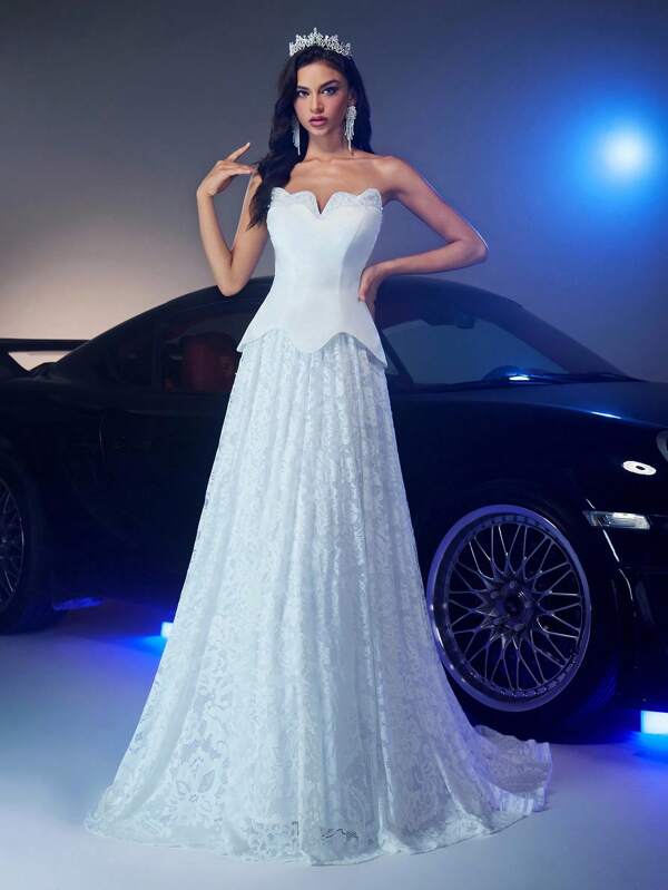 Glamrae Elegant Luxury White Lace Patchwork Satin Handmade Pearl Shell Collar Cinched Waist Oversized Skirt Wedding Dress