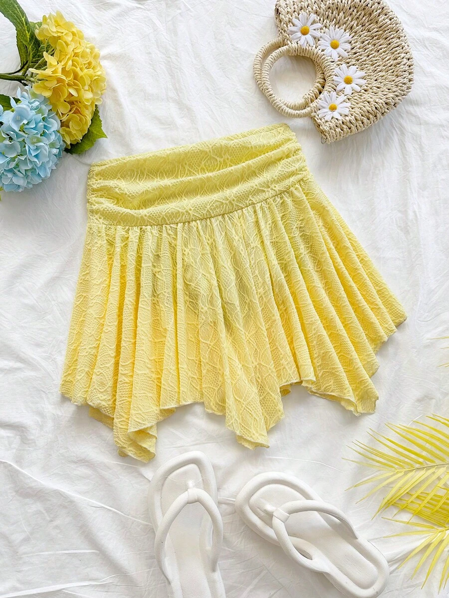 Soleia Women's Holiday Vacation Asymmetric Hem Knitted Mid-Skirt, Goose Yellow Skirt, High Waist Ruched A-Line Skirt, Summer Skirt, Graduation, Wedding Season Wear, Perfect For Vacation,Resort Wear