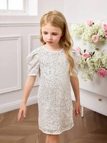 Young Girl Elegant Cute Silver Sequin Short Sleeve Dress Girls Sequin Dress Girls Glitter Dress Girls Shimmer Dress Kids Sequin Dress Girls Silver Dress Halloween Dress Christmas Dress Birthday Dress