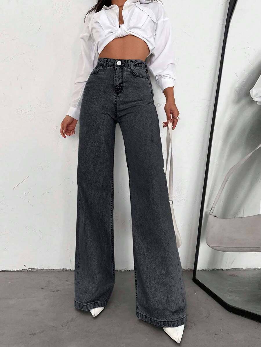 SHEIN Tall 100%Cotton HIGH WAIST WIDE LEG LONG HEM TALL JEAN - Grey - View 1