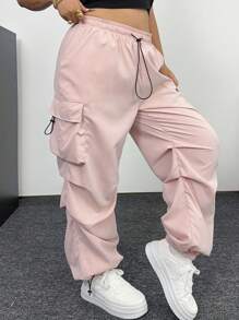 SHEIN MOOSTA Plus Size Women's Casual Solid Color Multi-Pocket Drawstring Cargo Pants - Pink - View 1