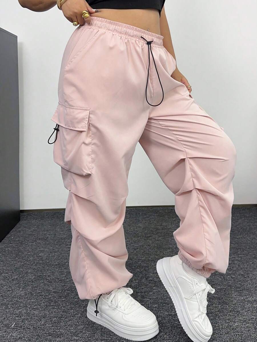 SHEIN MOOSTA Plus Size Women's Casual Solid Color Multi-Pocket Drawstring Cargo Pants - Pink - View 1
