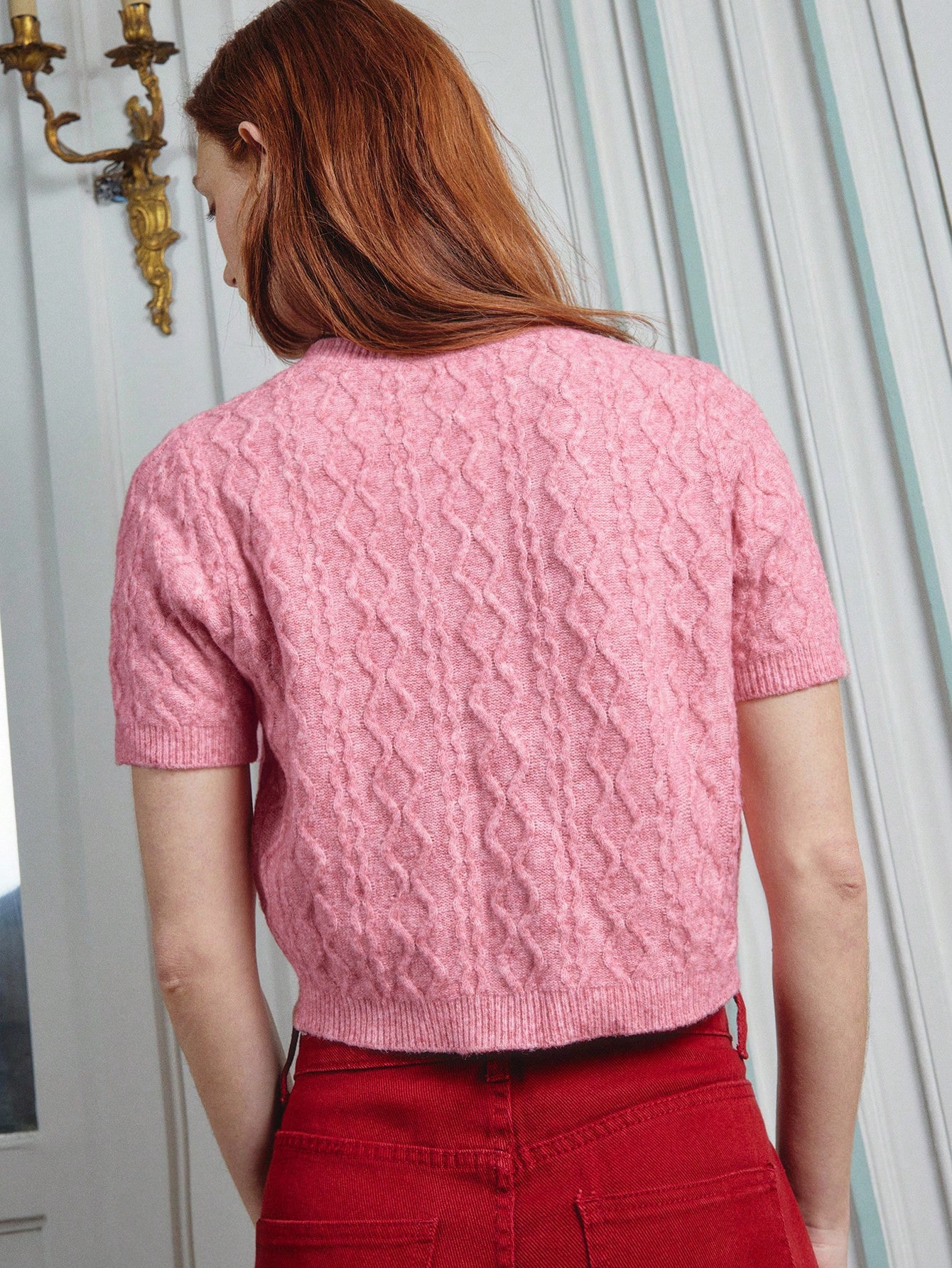 Cute Soft Touch Pink Cable Knit Fitted Crop Top With Pink Buttons Cute Spring Top Women Office Outfits Chic Outfits Spring Summer Pink Top