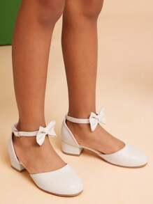 Mini mi Sweetcore Girls Minimalist Bow Pu Nude Dress Shoes – Cream Low Heel Pumps With Ankle Strap, Coco-Inspired Elegant Look For Parties, Daily Wear & French Style Outfits