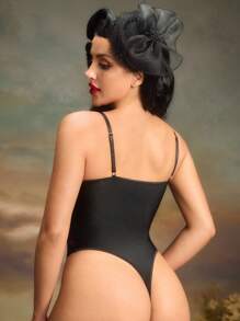 女士花卉刺绣吊带性感连体裤 - 黑色 - 查看 3