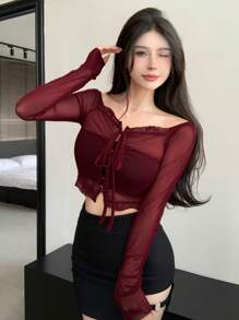 DAZY 女士蕾丝拼布前结上衣外出上衣透明长袖女式上衣，秋季女装短款女式上衣 - 酒紅色 - 查看 6