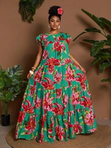 Maweii 大码数码花卉印花盖袖褶饰拼布圆领节日连衣裙 - 綠色 - 查看 1