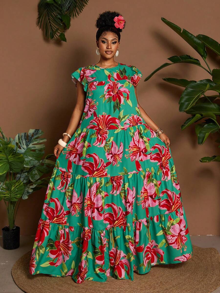 Maweii 大码数码花卉印花盖袖褶饰拼布圆领节日连衣裙 - 綠色 - 查看 1