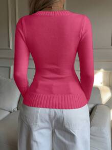 SHEIN EZwear Women's Solid Color V-Neck Regular Shoulder Long Sleeve Fitted Cable Knit Sweater Fall Tops,Tops For School - Hot Pink - View 2