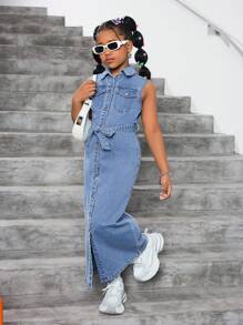 SHEIN 青少年女孩夏季休闲经典翻领无袖蓝色牛仔衬衫裙，女孩春夏装春假装