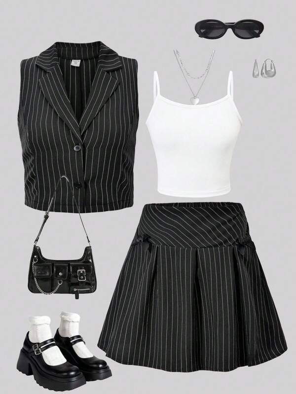 SHEIN Lunivi 3 pezzi di abito elegante per ragazze e giovani donne, composto da canotta a righe, top a bretelle e minigonna a righe con fiocco decorativo, completo da ufficio/casual, adatto per l'estate