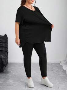 SHEIN CURVE+ Curves 大码/校服/返校服/返校大码女装春夏时尚休闲运动舒适基本百搭修身日常黑色短袖 T 恤和紧身裤两件套、裤子套装、街头服饰、机场服装、女士夏季服装、外出服装、Y2k 服装、极简主义风格、女士教堂服装 大码两件套服装 大码弹力服装 大码套装 大码服装 - 黑色 - 查看 2