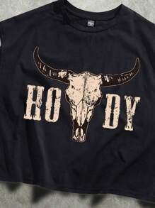 StoneGrade 复古做旧牛角字母图案印花超大无袖短款背心图案短款上衣男士短款上衣图案 T 恤肌肉 T 恤 - 黑色 - 查看 2