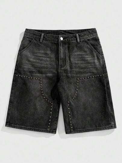 Goth Men's Wing Embroidery & Studded Decoration Denim Shorts, Summer
