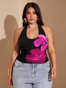 SHEIN BAE 大码女士夏季露背花卉上衣/夏季上衣/音乐节/海滩度假上衣，黑色上衣