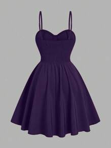 Sweetra 大码优雅纯色细肩带束腰浪漫迷你连衣裙 - 紫色 - 查看 2