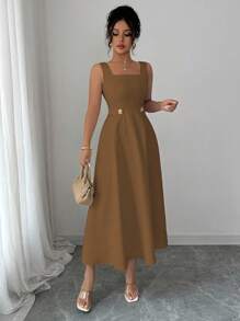 Elenzga 女士米色优雅高腰 A 字中长连衣裙 - 咖啡 - 查看 3