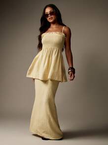 MISSGUIDED 亚麻褶饰荷叶边吊带背心和及地长裙套装度假海滩两件套夏季节日装