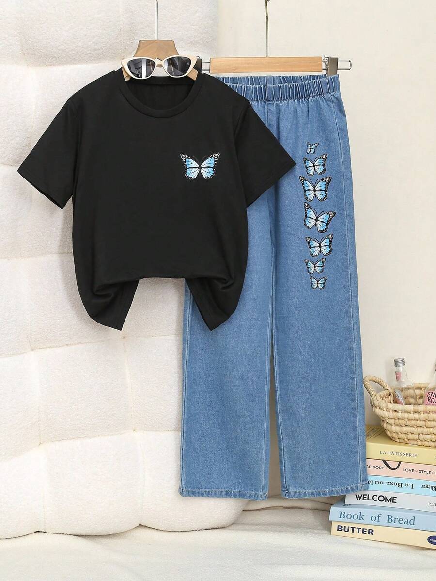 Sparklyn Tween Girls Y2K 风格复古水洗浅蓝色牛仔布，蝴蝶印花，宽松两件套，柔软舒适面料，百搭日常女童装 - 黑色 - 查看 1