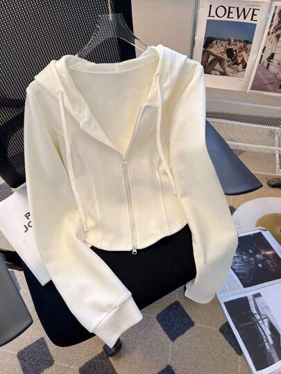 SHEIN Veste décontractée à capuche zippée à manches longues et couleur unie pour femmes