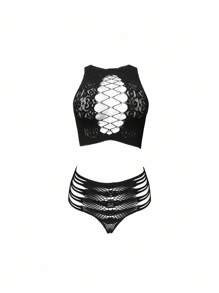 SHEIN 2件套女士镂空设计短款上衣和内裤性感网眼内衣套装 - 黑色 - 查看 4
