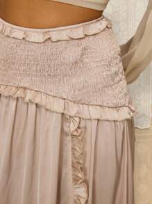 SHEIN MOD Gonna a-line con volant tinta unita da donna, adatta per autunno, rientro a scuola, abbigliamento da ufficio, stile old money, casual business, insegnanti, compleanni, ufficio, stile boho - Cachi - Visualizzare 5