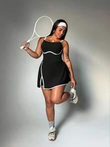 SHEIN Sport Studio Vestido sin mangas con bloque de color para mujer talla grande, con abertura en el dobladillo, shorts incorporados y bolsillos, para primavera/verano