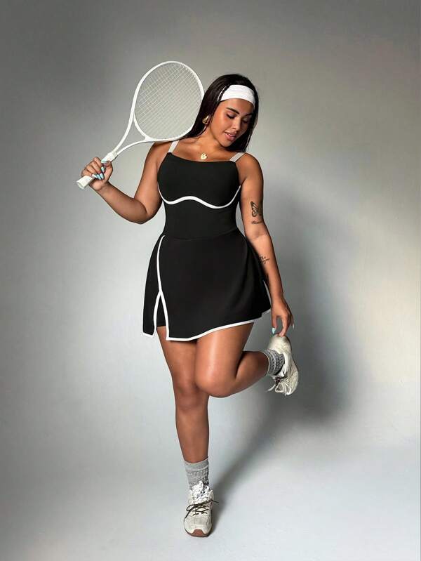 SHEIN Sport Studio Plus Size Women's Sporty Color Block Sleeveless Dress With Split Hem, Built-In Shorts And Pockets, Spring/Summer