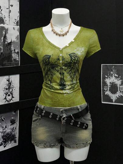 EgrlEra Camiseta de mujer de manga corta con cuello en V semitransparente y cremallera media, estampada