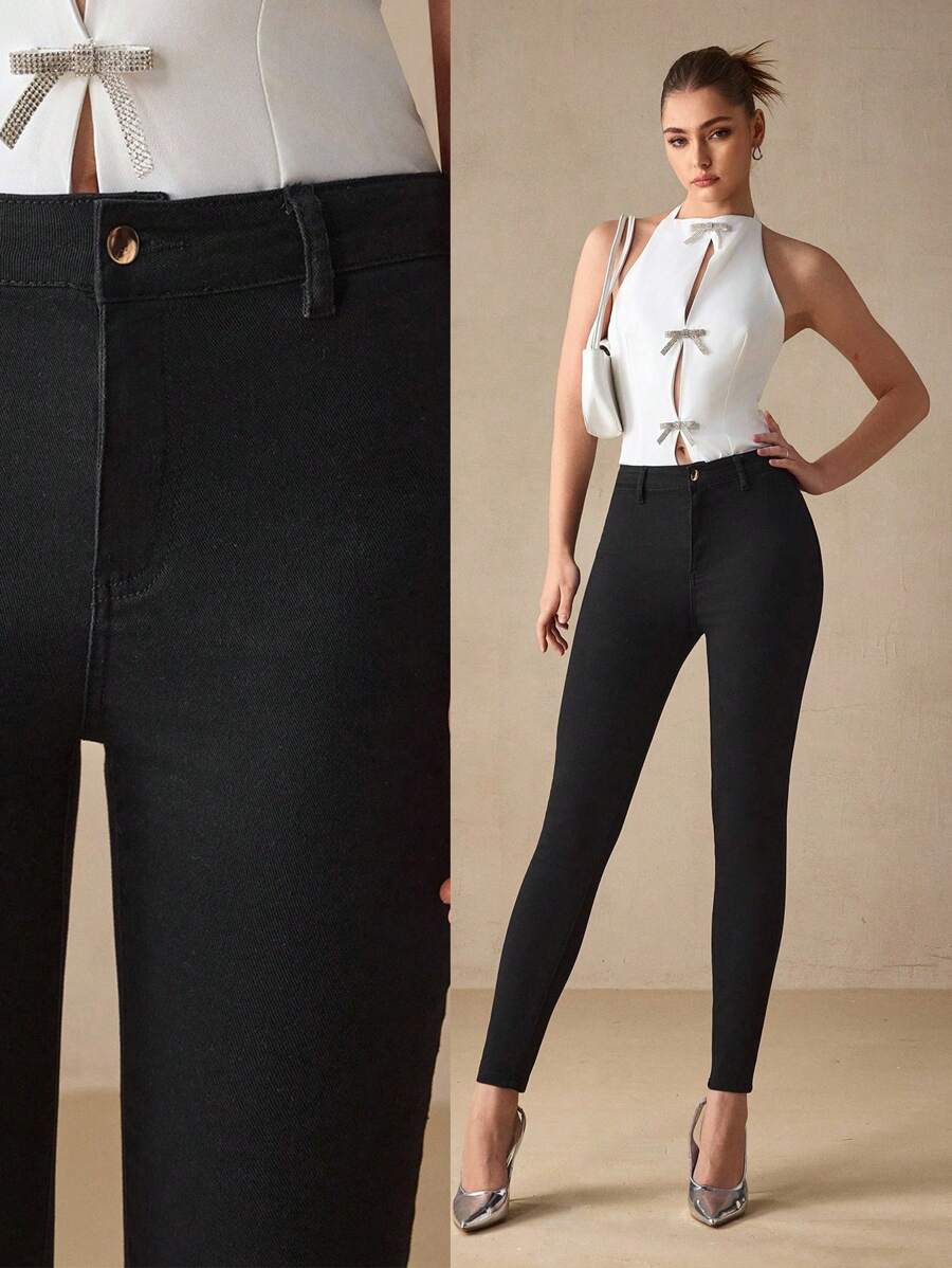 Selenza Quần Jeans Ôm Dáng Màu Trơn Thường Ngày - màu đen - Xem 1