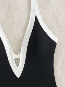 Bonvoyette 1 pieza Traje de baño elegante de una sola pieza para mujer, color negro y blanco en contraste, con tirantes y espalda descubierta, estilo de vacaciones de verano