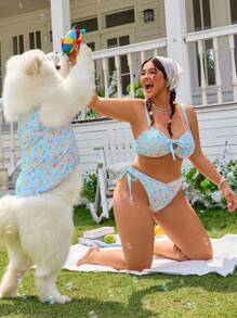 Swim Mod Set 2 buc. mărime plus size, top scurt cu imprimeu floral și legături în față, cu bretele detașabile, bikini sexy și stil proaspăt pentru femei, pentru vară, plajă și vacanță