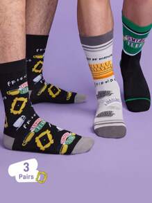 FRIENDS X SHEIN 3 pares de calcetines informales tipo media hasta el tobillo, suaves y transpirables, con diseños de dibujos animados, de color gris y negro de moda, con dedos y talones reforzados para mayor durabilidad, unisex para hombres y mujeres, aptos para todas las estaciones y a juego con cualquier atuendo