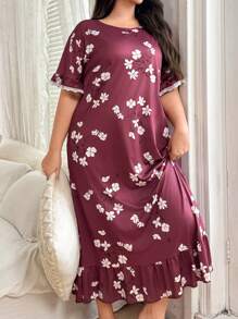 SHEIN Plus Size Floral Print Contrast Lace Hem Nightgown, Summer - Maroon - View 3