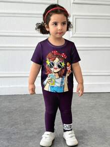 SHEIN Baby Girl Loose & Casual Simple Comfortable Round Neck Pullover Batwing T-Shirt And Pants Set - Purple - View 3