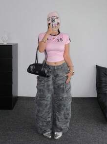 POPSWAY 大码女式复古美式运动服图案修身圆领罗纹T恤 - 粉色 - 查看 1