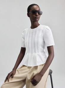 Ontre Ropa de mujer Otoño/Invierno 2025, Prendas de vestir de mujer Otoño/Invierno, Vuelta al colegio, Halloween, Navidad, Casual de negocios, Retro, Elegante, Versátil, Ropa básica, Ropa de Nashville, Cuello redondo, Manga corta abullonada, Plisado, Blusa de unicolor, Vestido formal, Versátil, Viaje diario