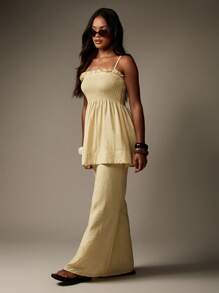 MISSGUIDED 亚麻褶饰荷叶边吊带背心和及地长裙套装度假海滩两件套夏季节日装